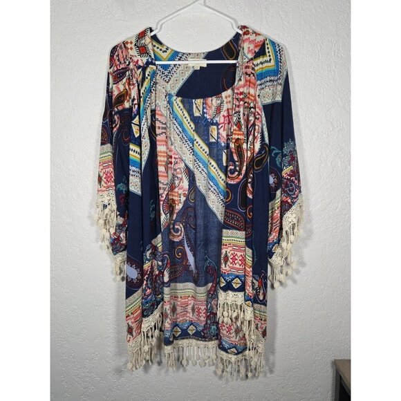 Umgee Paisley Kimono Hippie Chic Duster Open Front Lace Crochet Trim Boho S/M - Picture 1 of 6